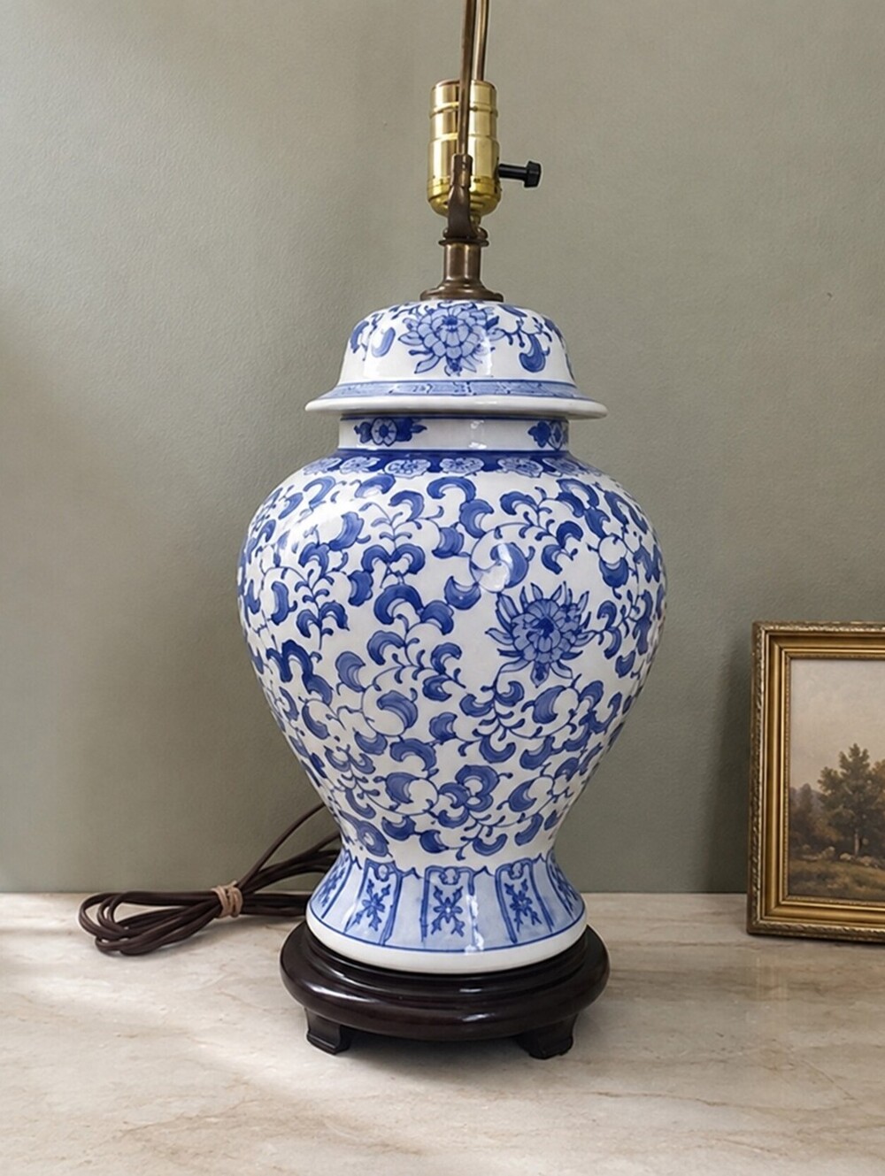 Vintage Large Blue & White Ceramic Ginger Jar Table Lamp | Chinoiserie